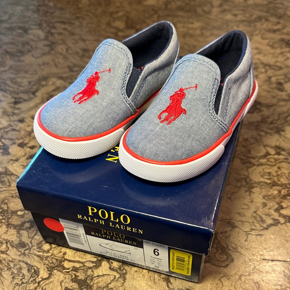 Polo by Ralph Lauren Kids' Denim Blue Sneakers with Red Logo